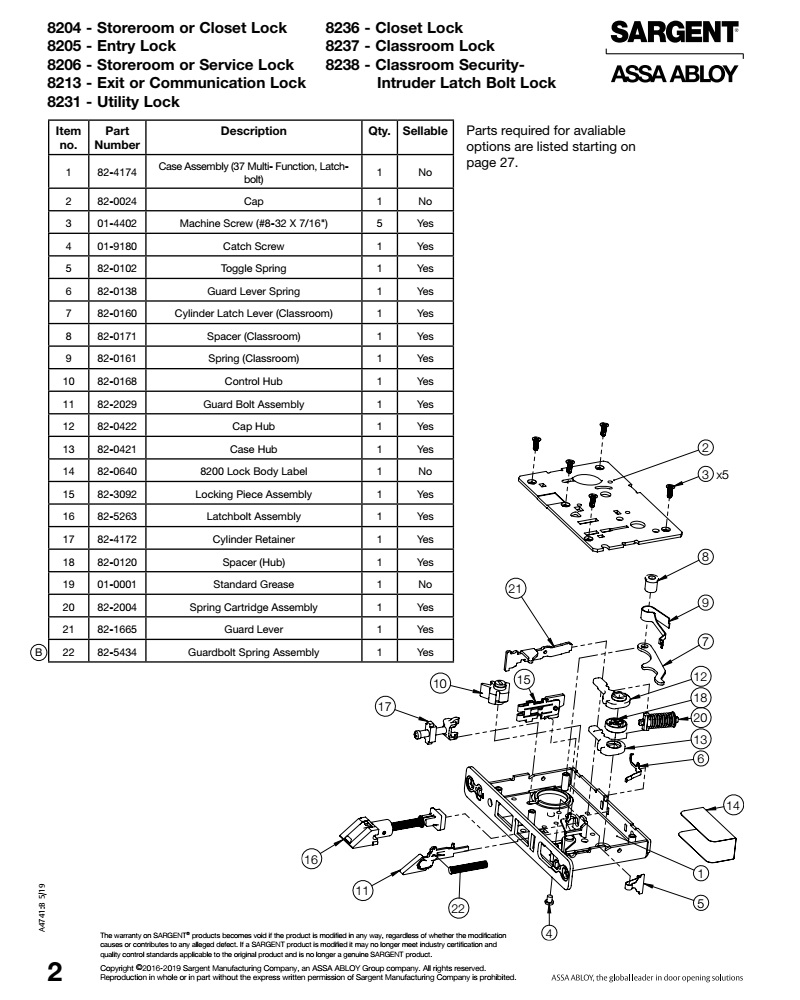 Sargent 8238 Mortise Lock Body Parts Diagram