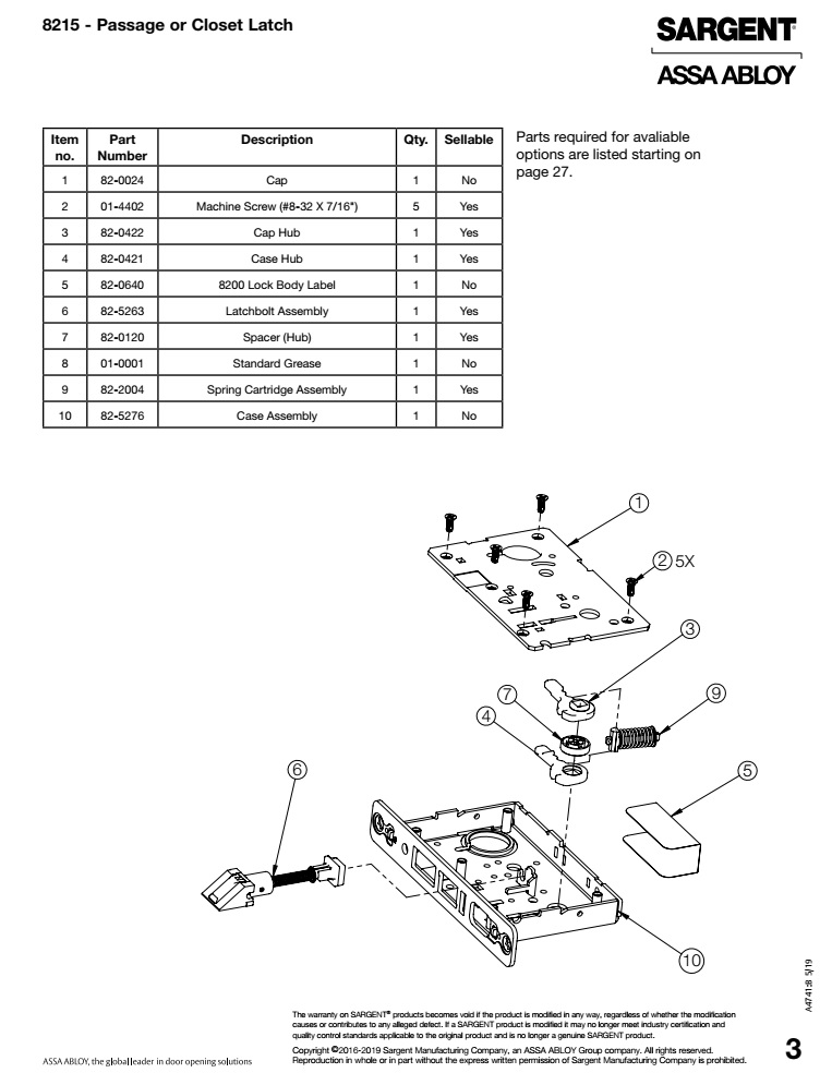 Sargent 8215 Mortise Lock Body Parts Diagram