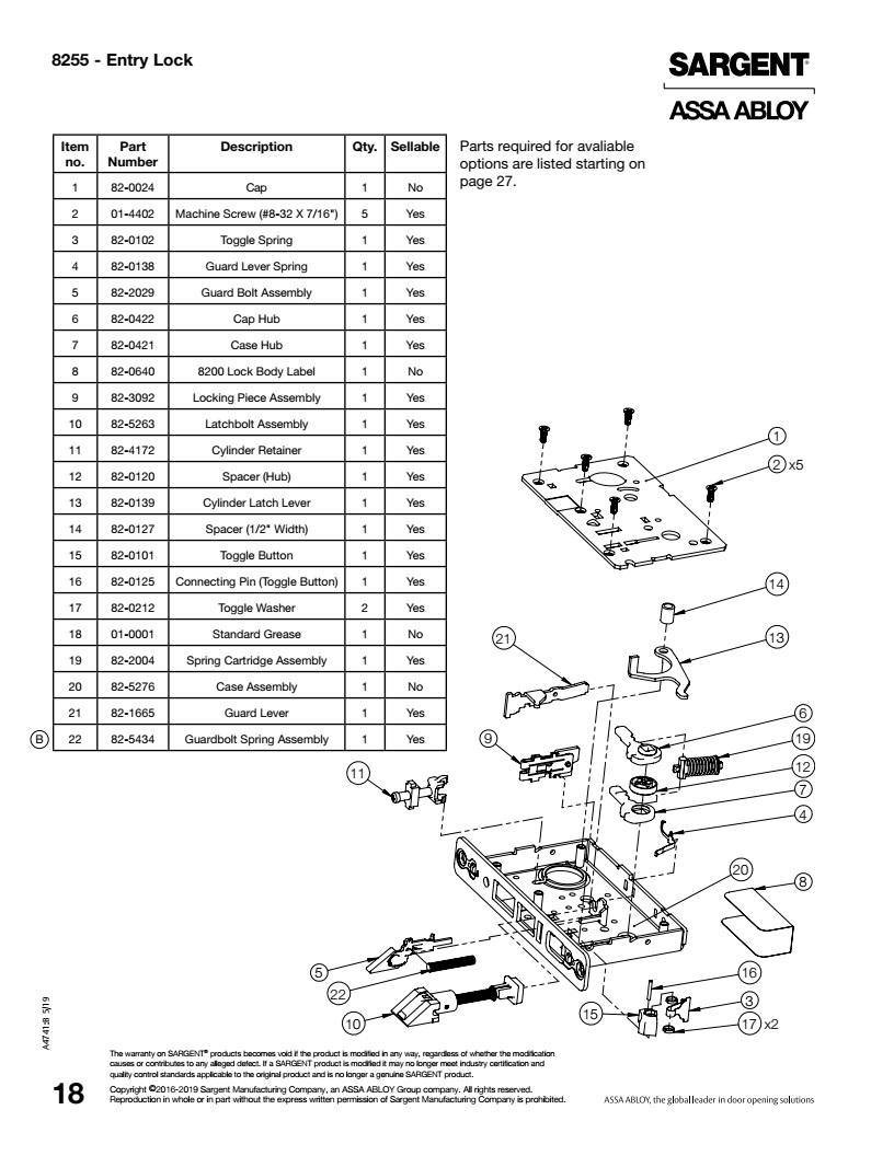 Sargent 8255 Mortise Lock Body Parts Diagram