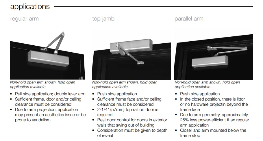 Accentra 2701 Door Closer Applications: Regular Arm, Parallel Arm, Top Jamb Mounting - Yale