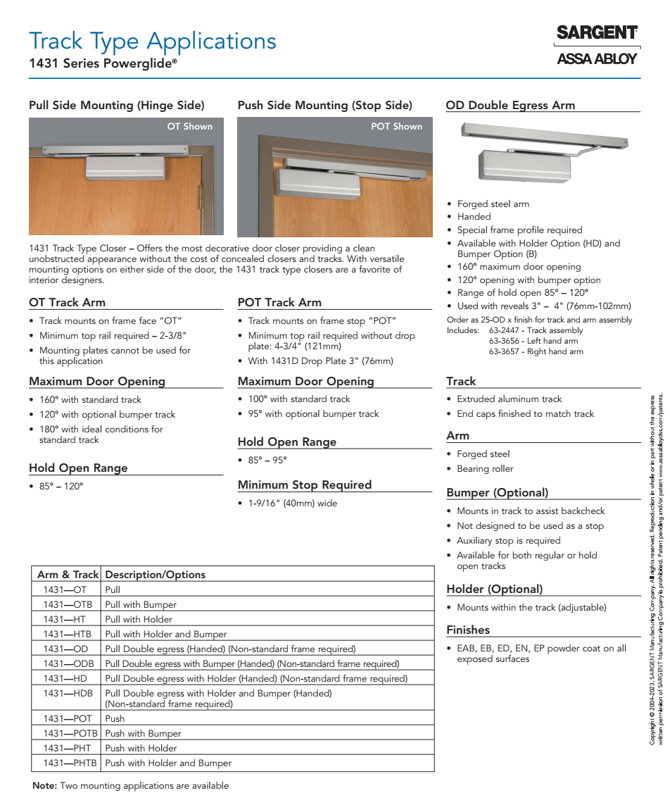 Sargent 1431 OT Door Closer with PULL Standard Pull Side Track Arm