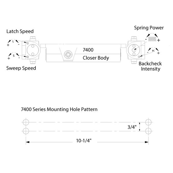 Dorma 7400 Series Closer Hole Pattern and Adjustment Diagram 