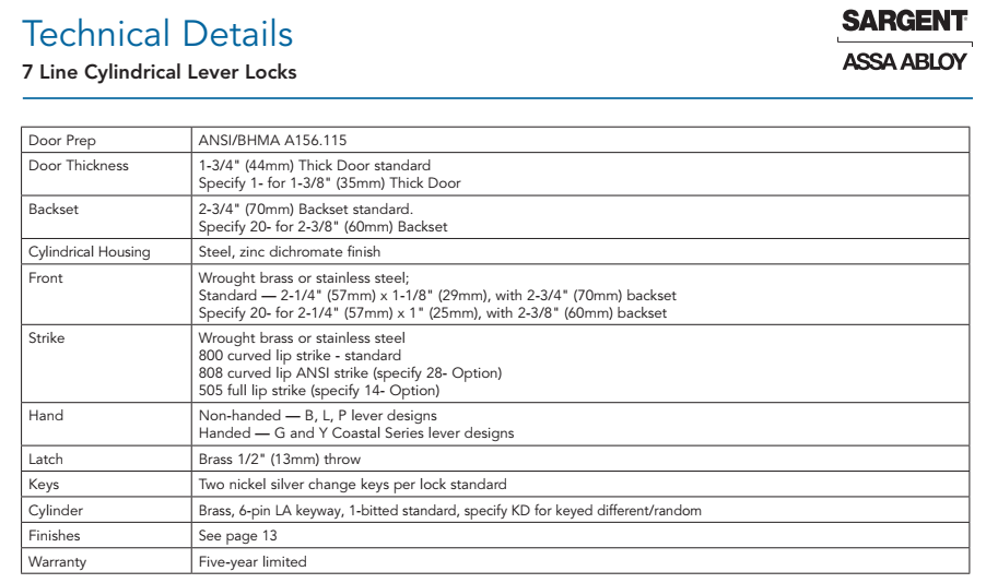 Sargent 7 Line Lever Lock Technical Specifications Sargent 7 Line Lever Lock Technical Specifications