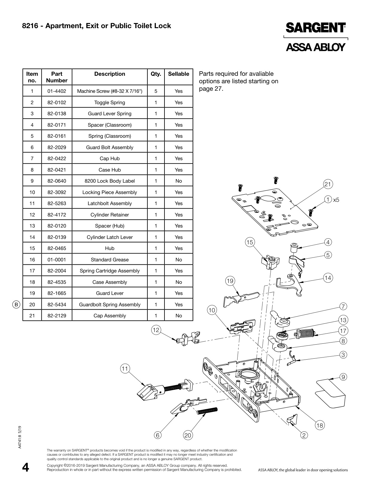 Sargent 82-0139 Lever Parts List