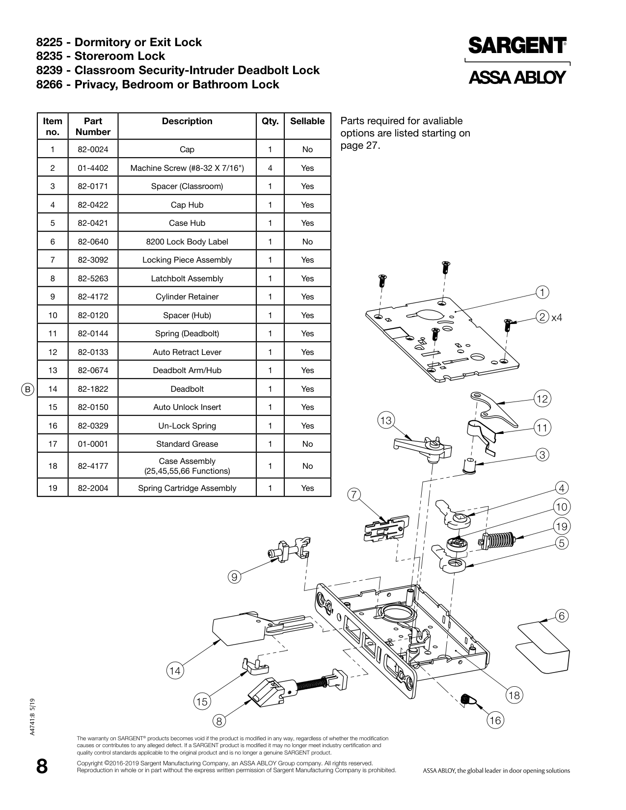 Sargent 82-0133 Lever Parts List