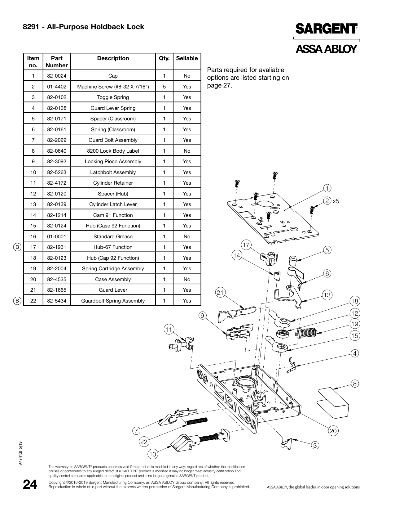 Sargent 82-0123 Hub Parts List