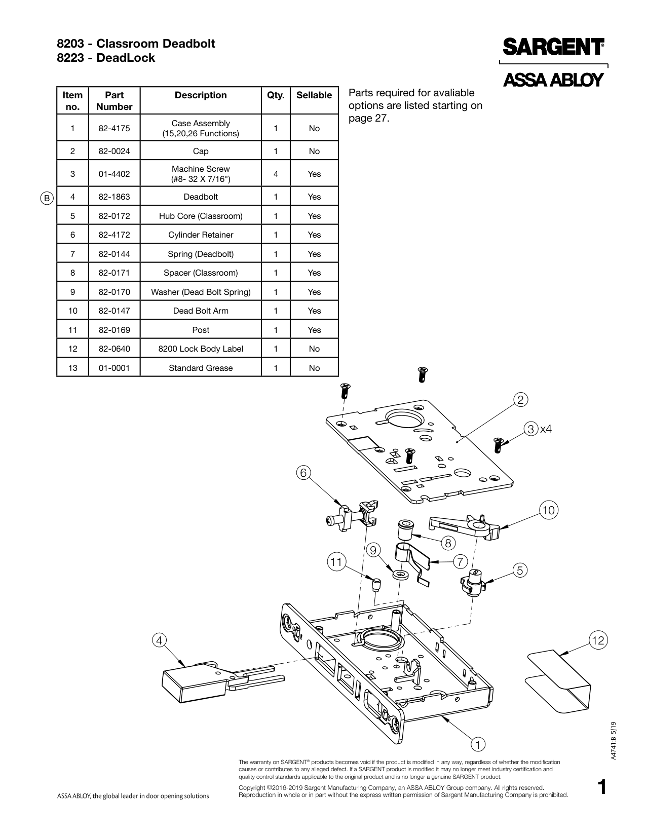 Sargent 82-0170 Washer Parts List
