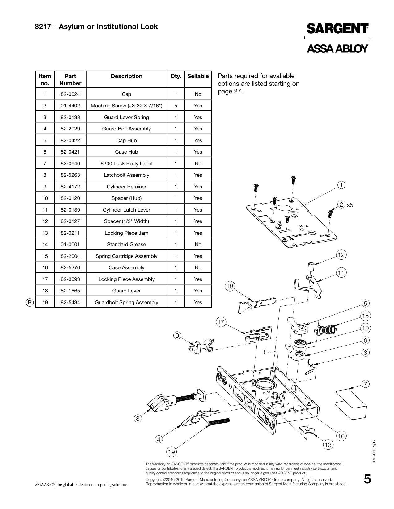 Sargent 82-0211 Part Parts List