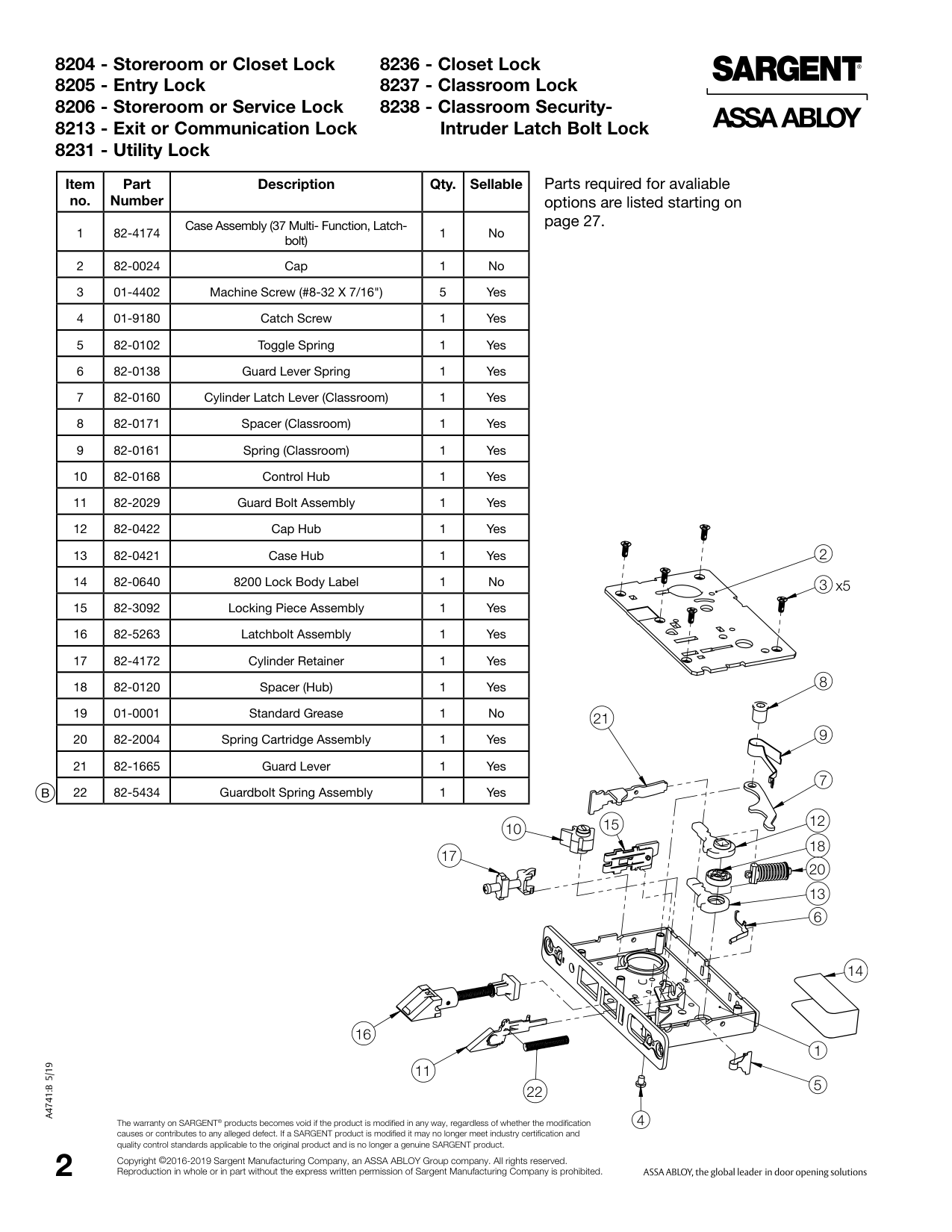 Sargent 82-2029 Assembly Parts List