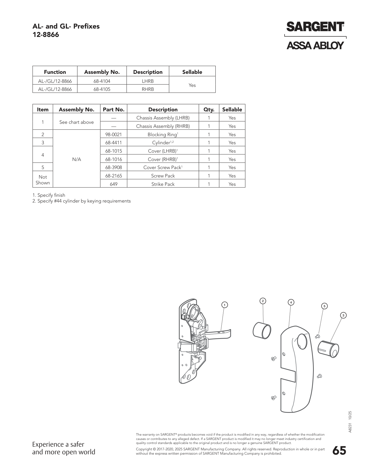 Sargent 68-4105 Chassis Assembly Parts List