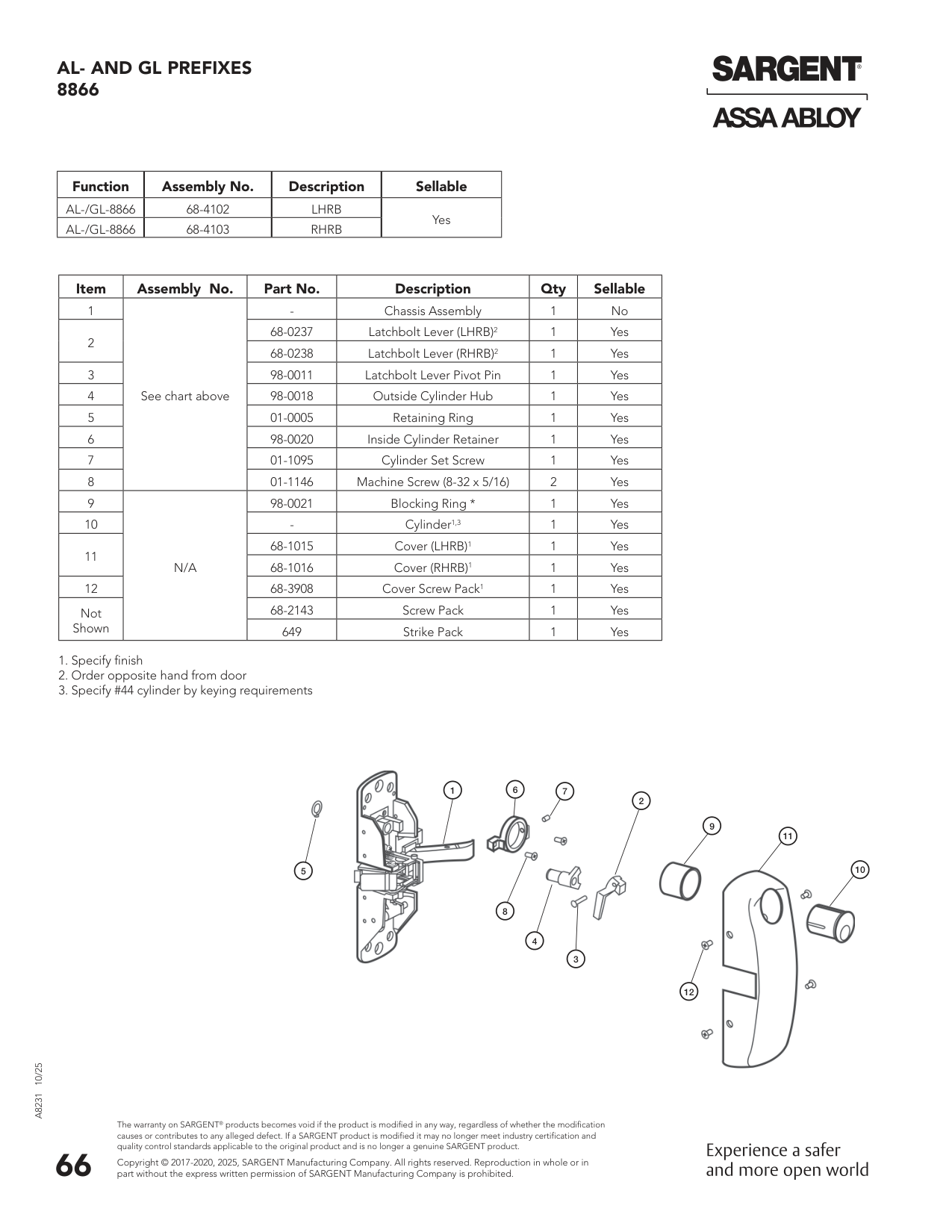 Sargent 68-4103 Chassis Assembly Parts List