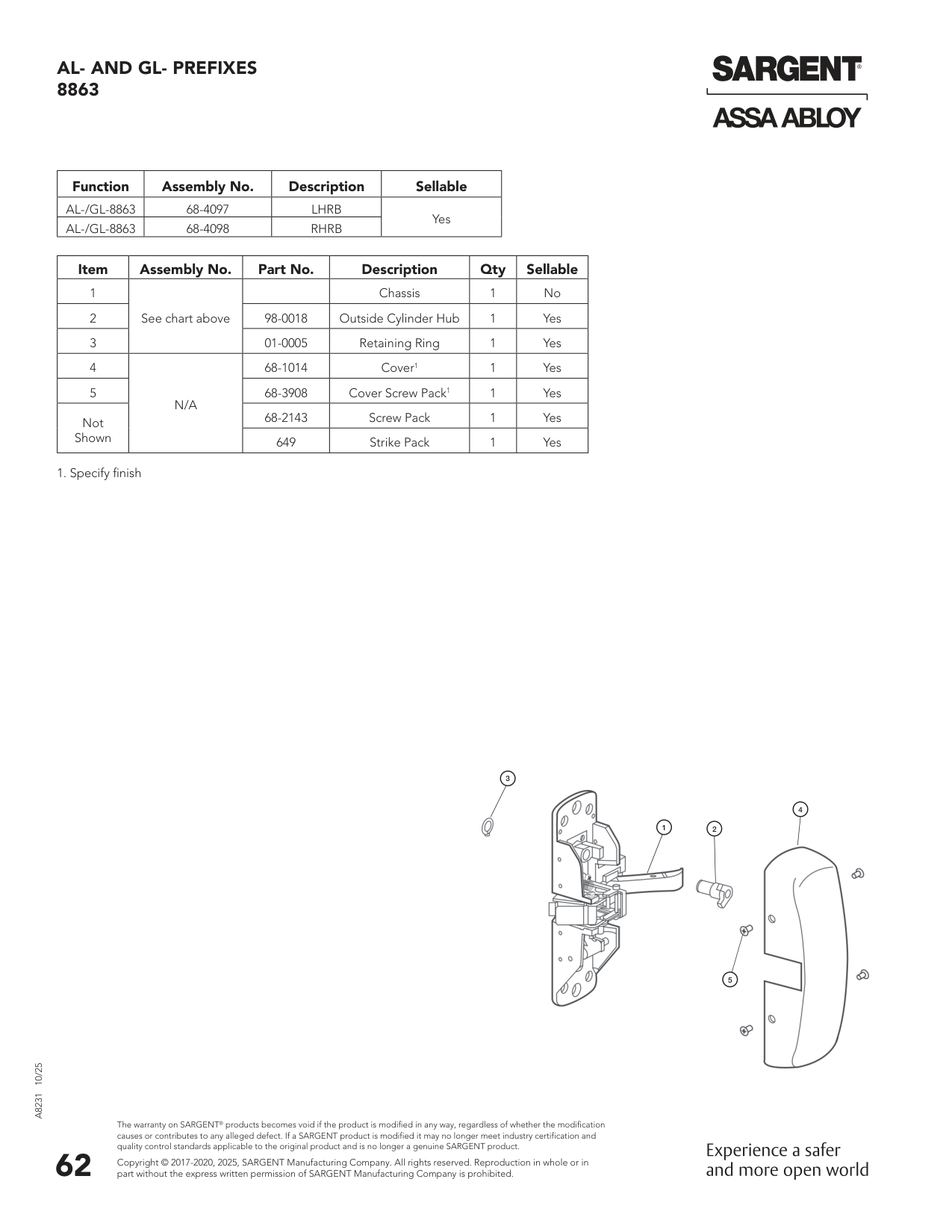 Sargent 68-4097 Chassis Assembly Parts List