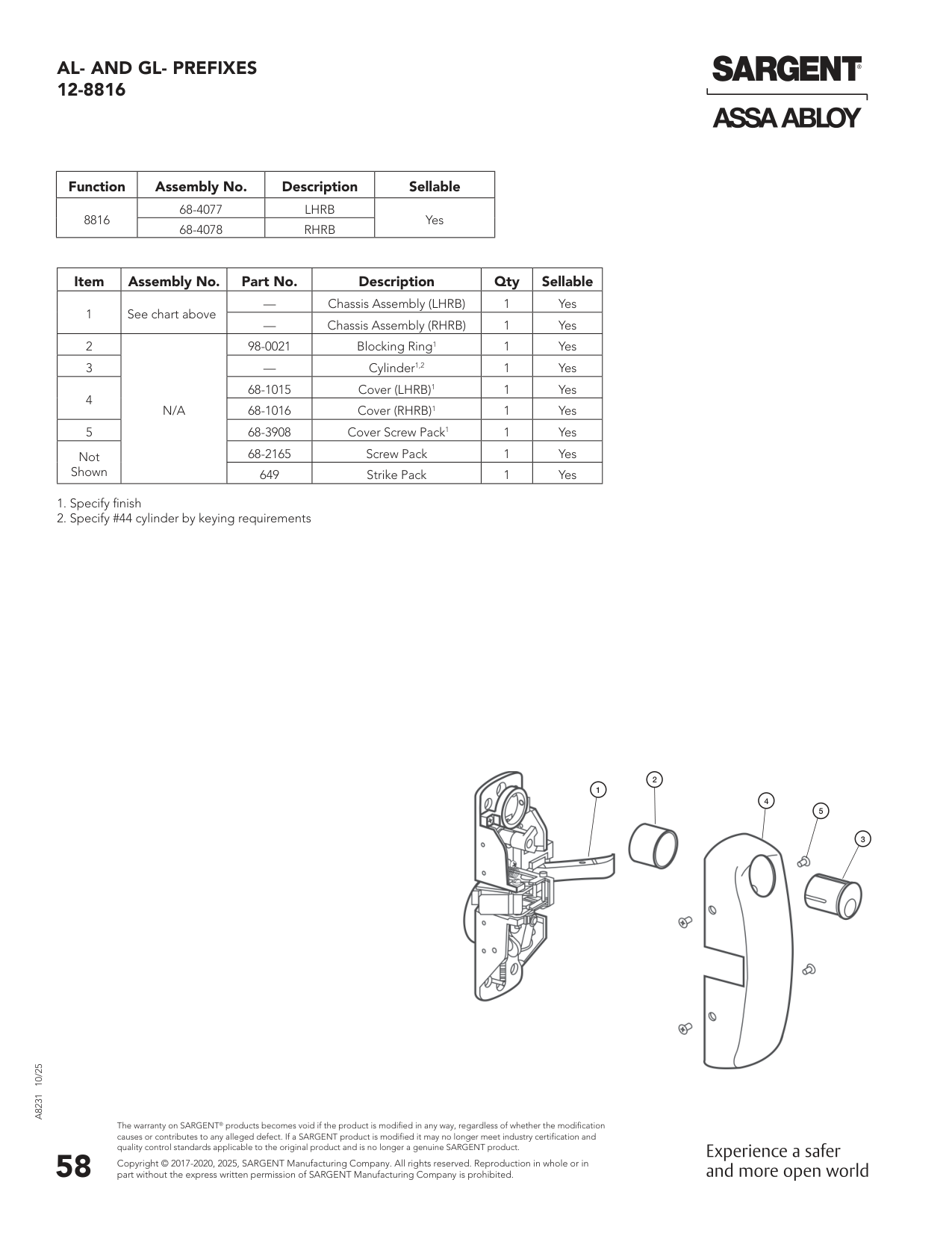 Sargent 68-4078 Chassis Assembly Parts List