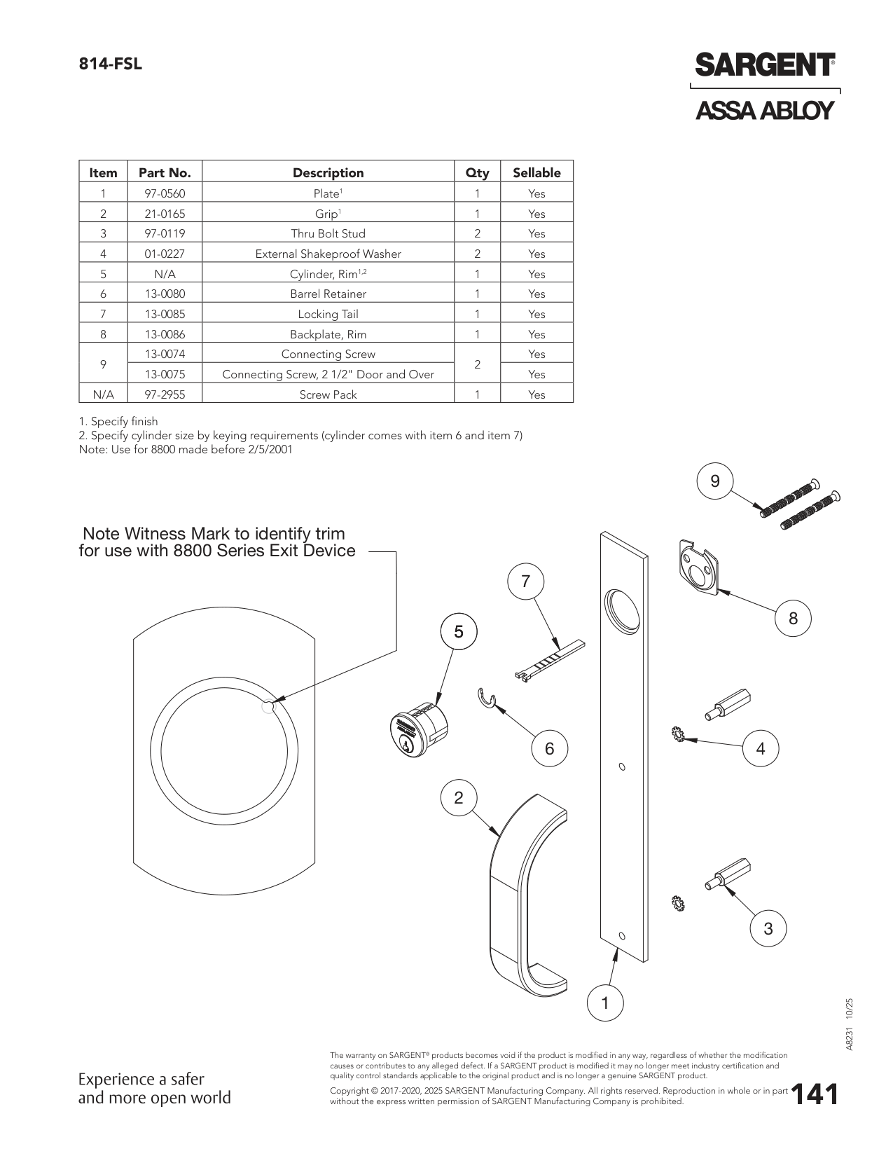 Sargent 97-0119 Part Parts List