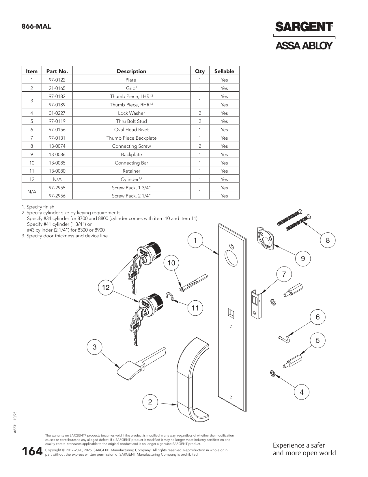 Sargent 97-0122 Part Parts List
