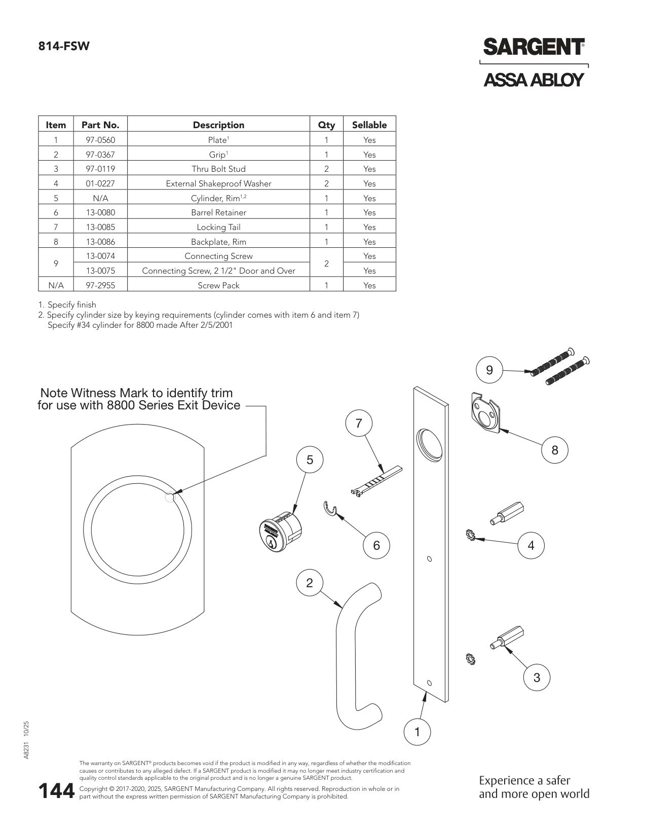 Sargent 97-0367 Part Parts List