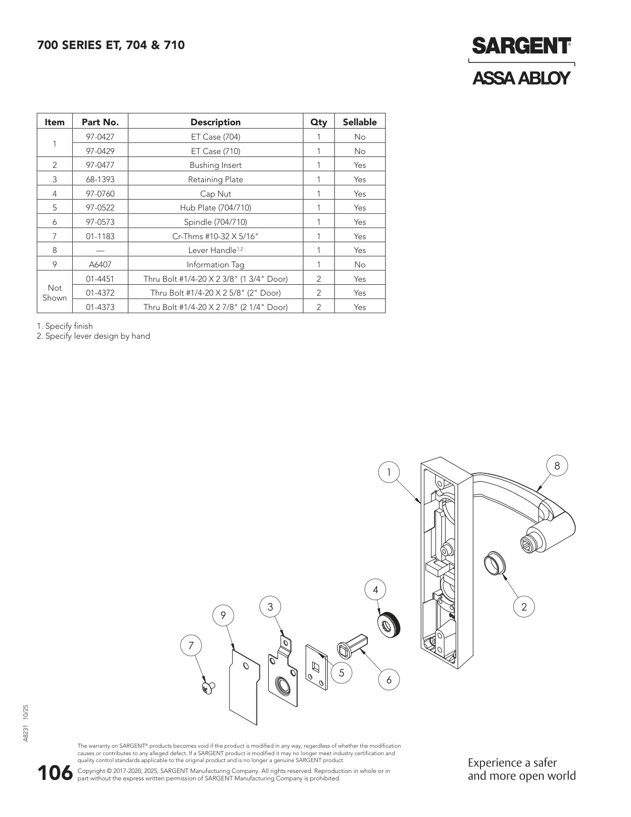 Sargent 97-0477 Part Parts List