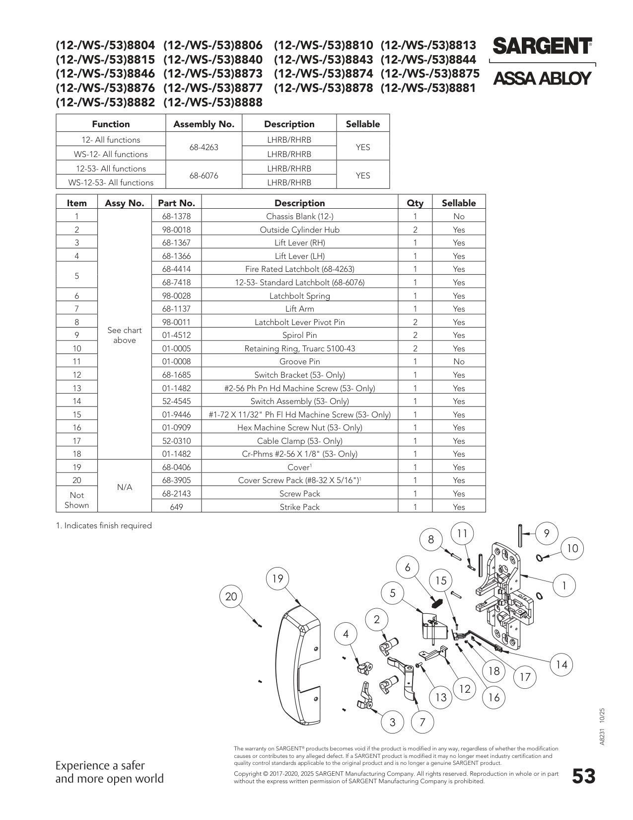 Sargent 68-6076 Chassis Assembly Parts List