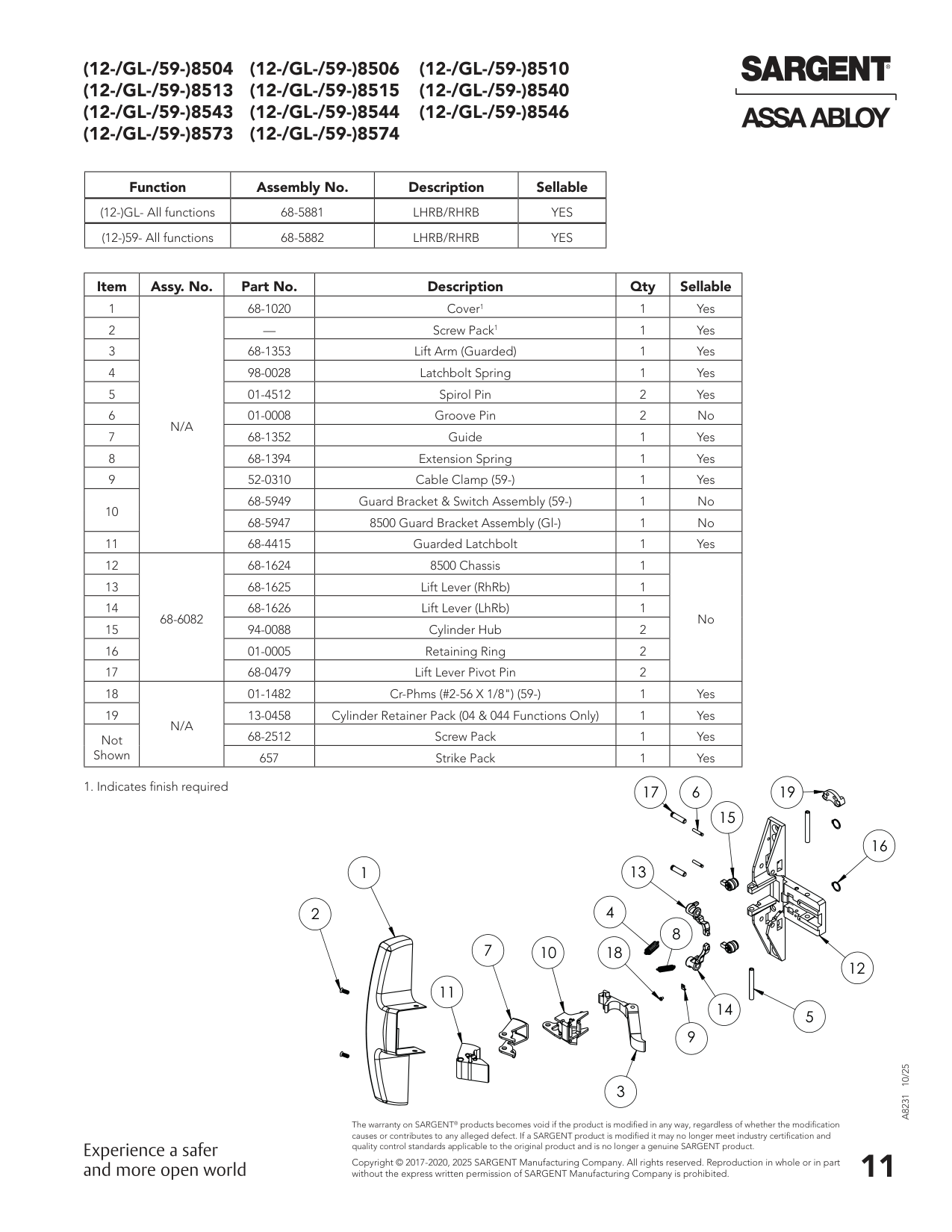 Sargent 68-5881 Chassis Assembly Parts List