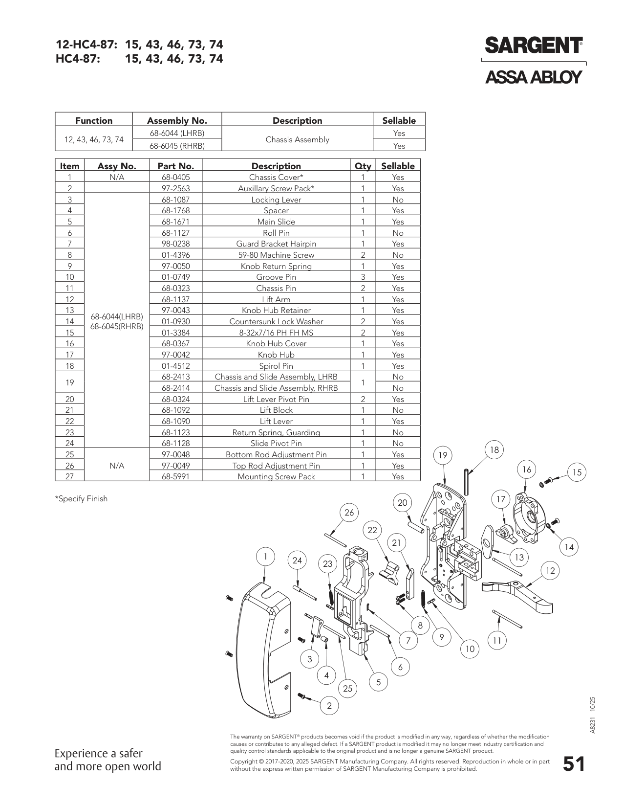 Sargent 68-6044 Chassis Assembly Parts List