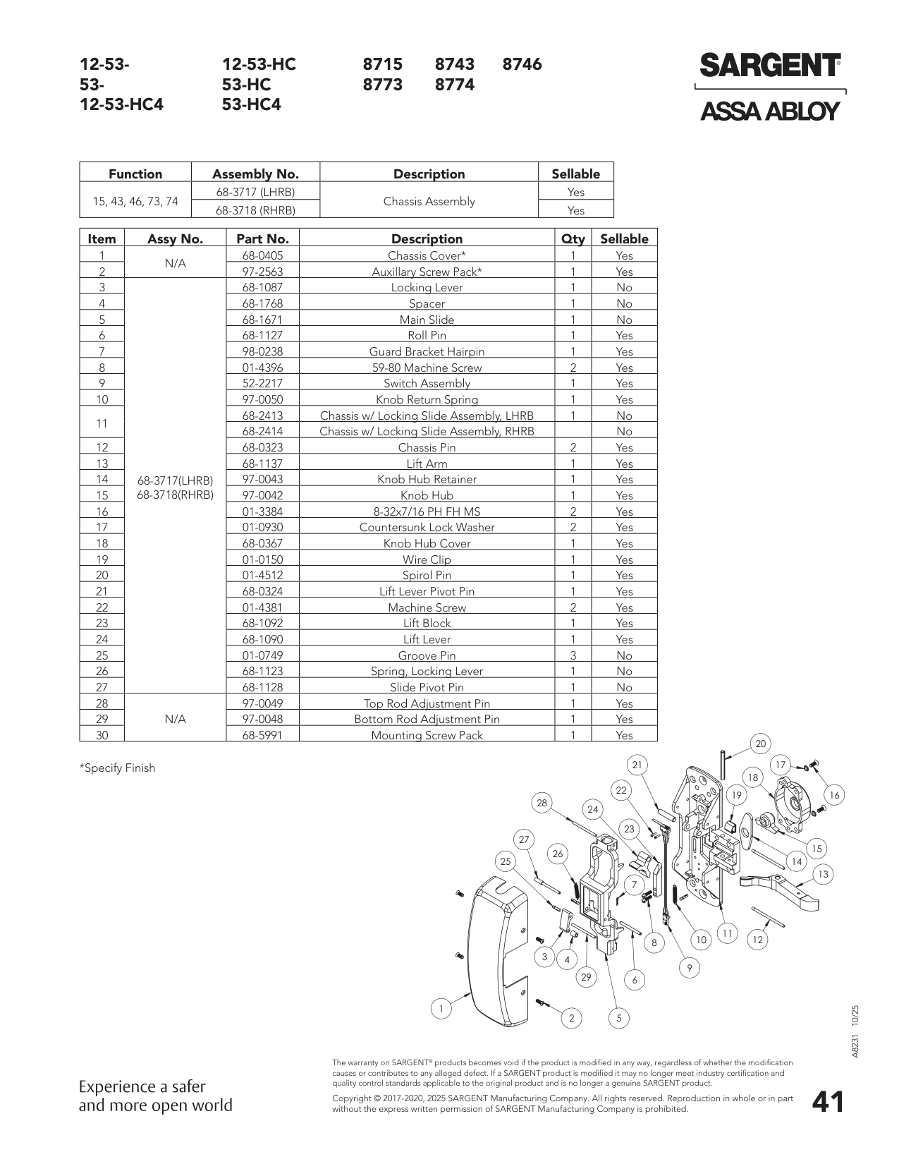 Sargent 68-3718 Chassis Assembly Parts List