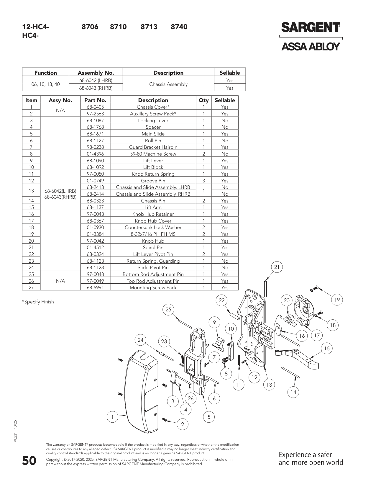 Sargent 68-6043 Chassis Assembly Parts List