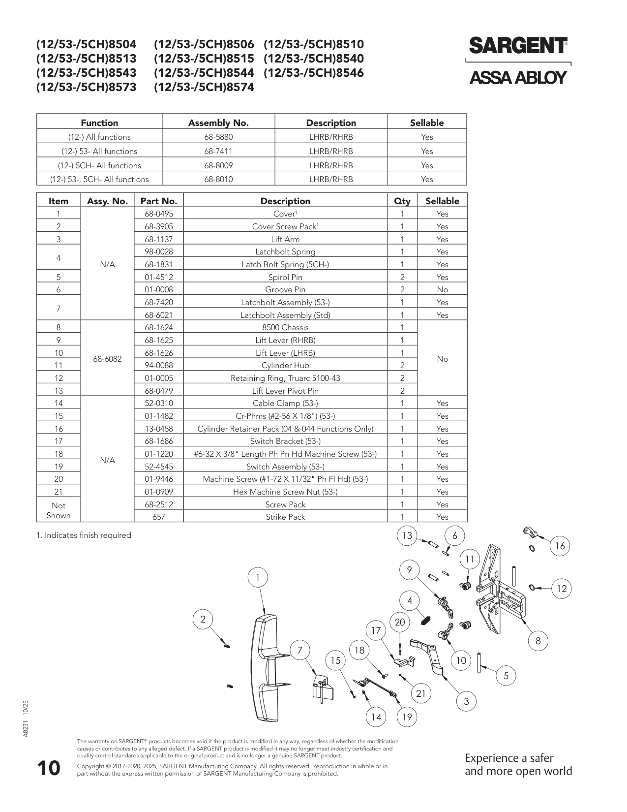Sargent 68-4127 Chassis Assembly Parts List