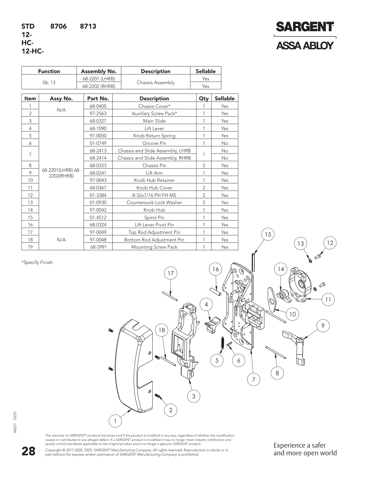 Sargent 68-2455 Chassis Assembly Parts List