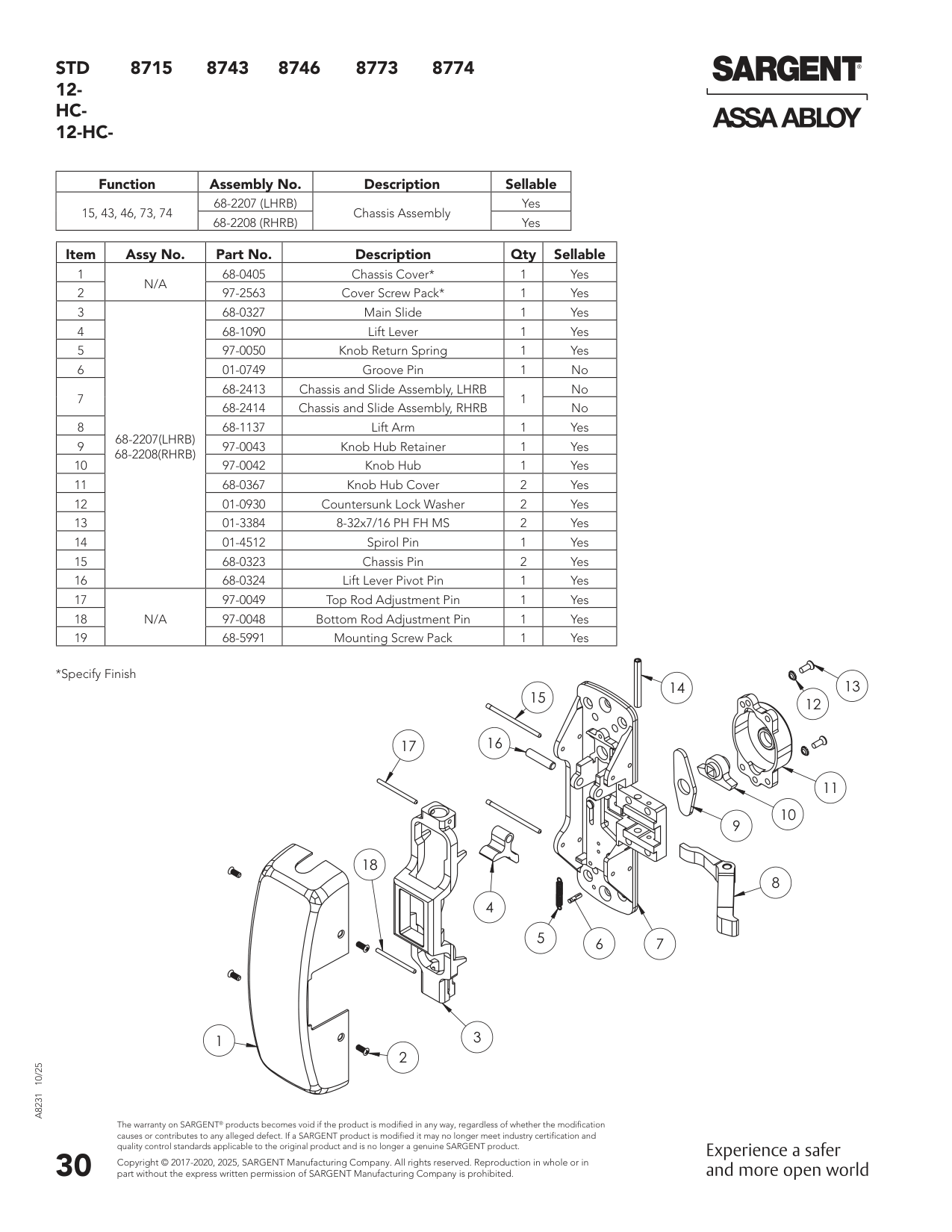 Sargent 68-2456 Chassis Assembly Parts List