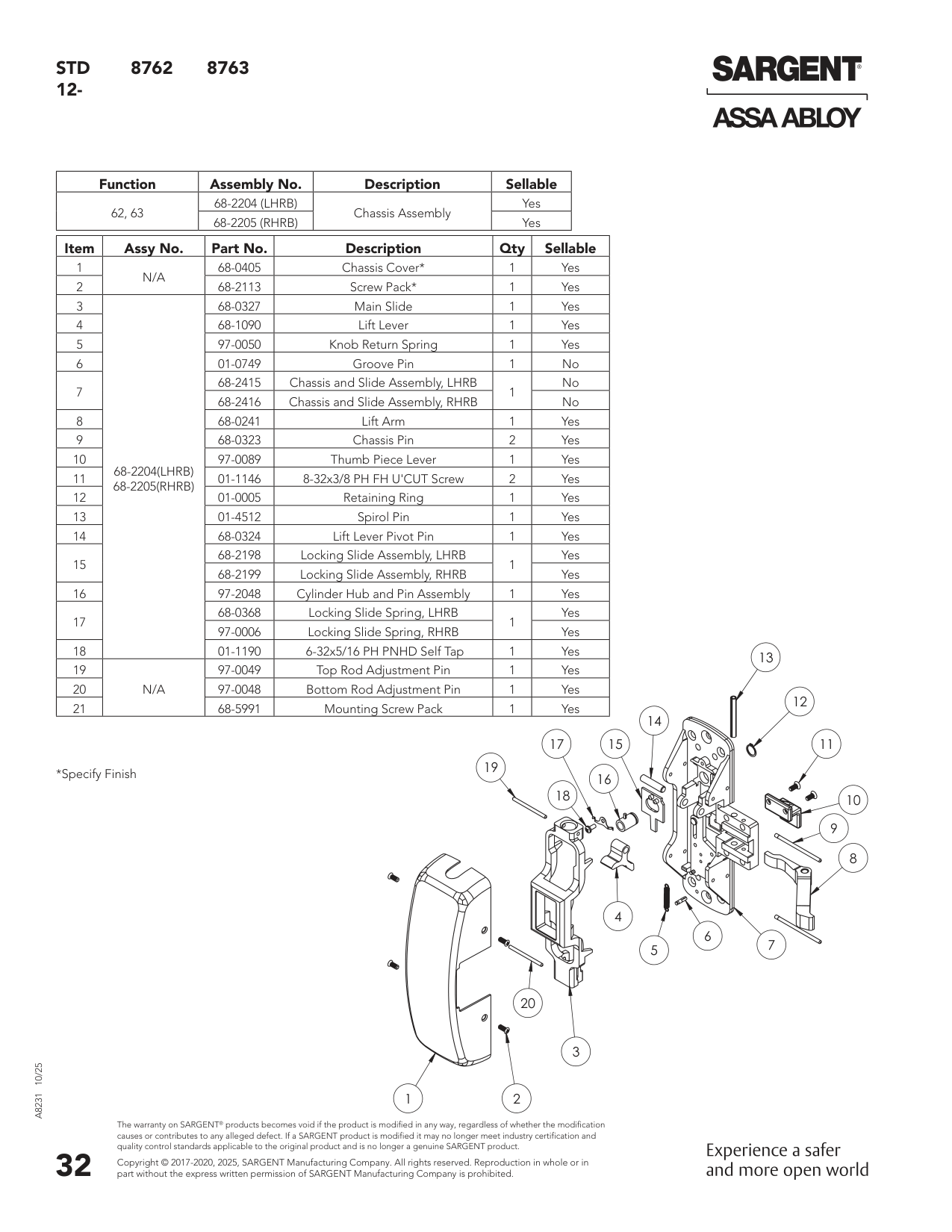 Sargent 68-2453 Chassis Assembly Parts List