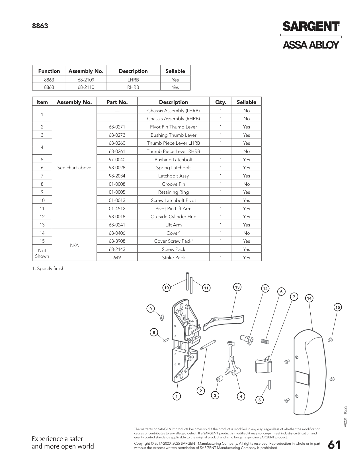Sargent 68-2308 Chassis Assembly Parts List