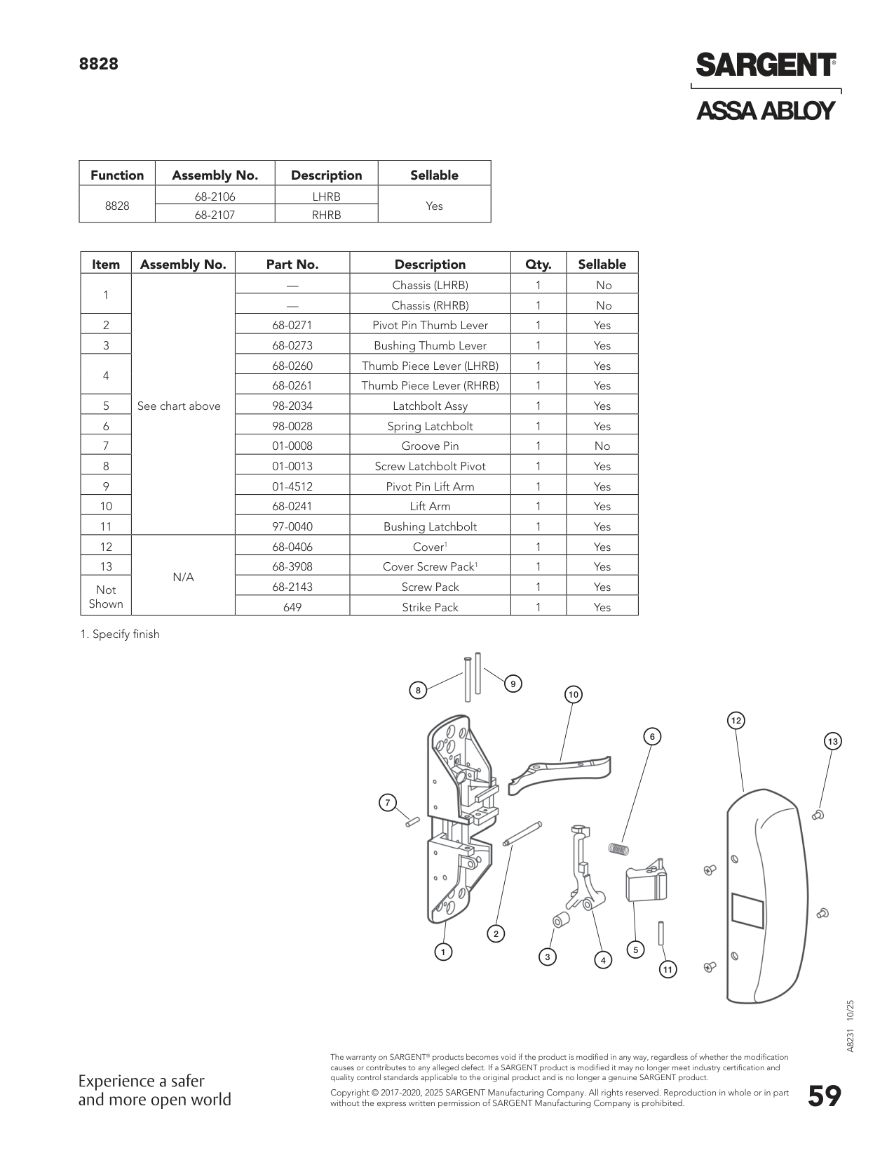 Sargent 68-2305 Chassis Assembly Parts List