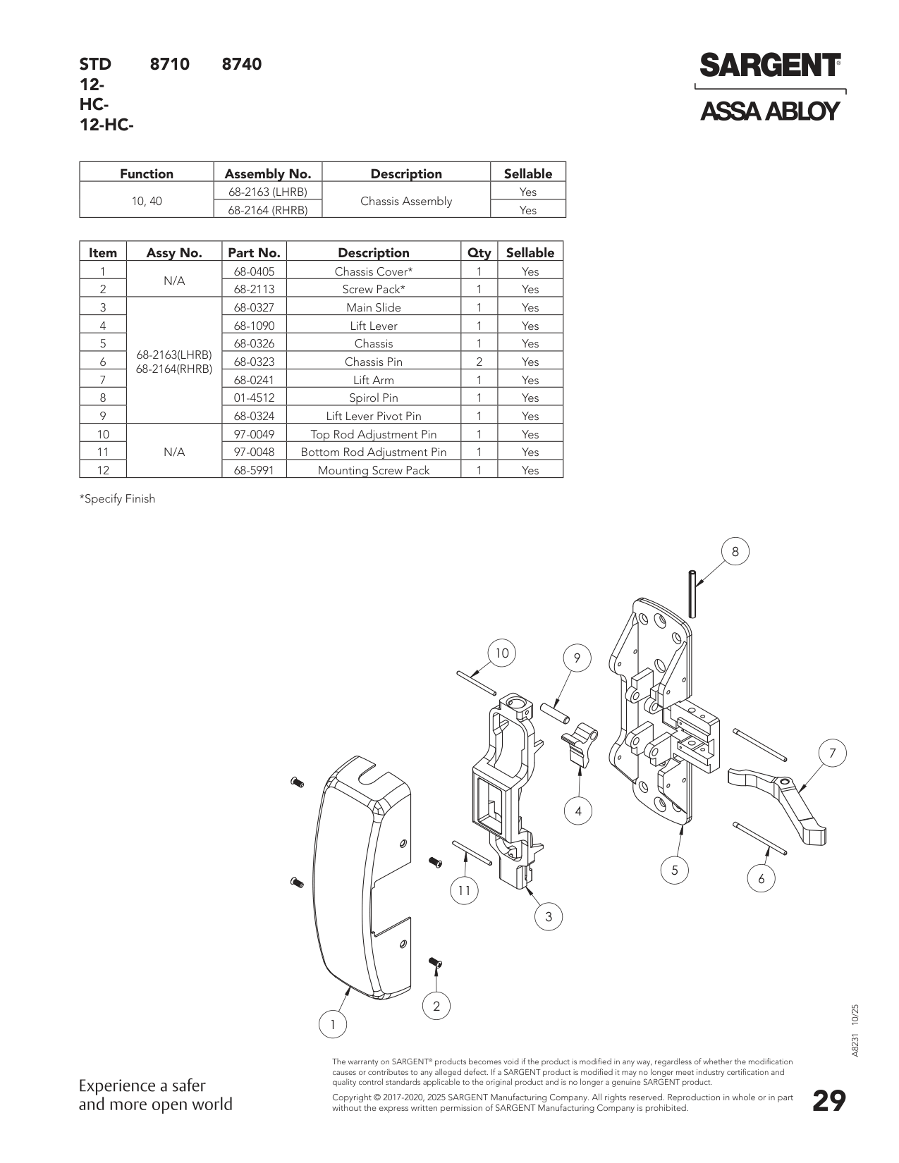 Sargent 68-2269 Chassis Assembly Parts List