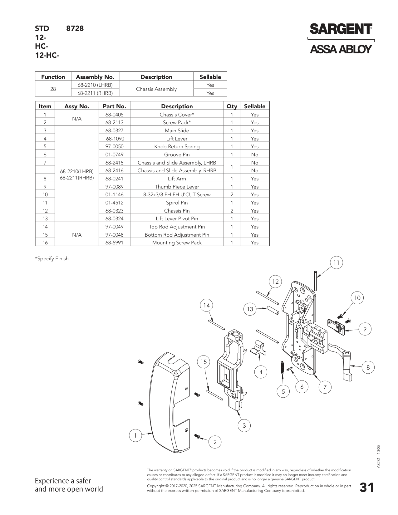 Sargent 68-2210 Chassis Assembly Parts List