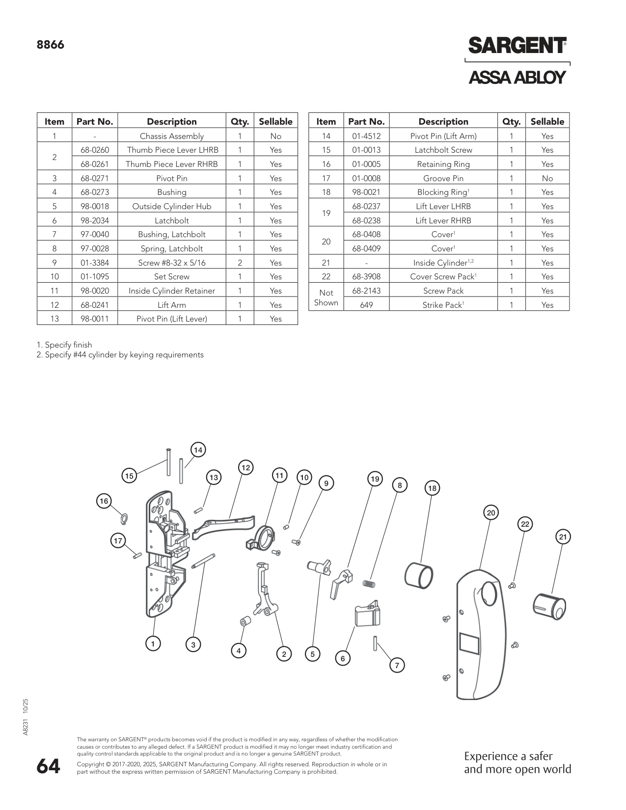 Sargent 68-2216 Chassis Assembly Parts List