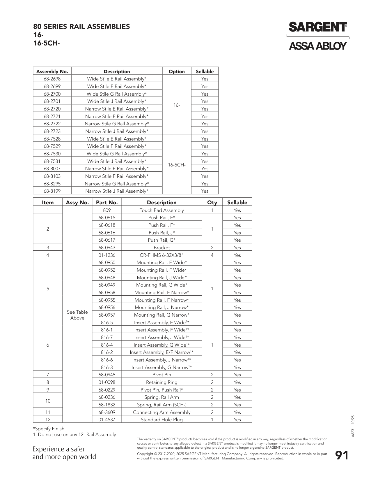 Sargent 68-2700 Assembly Parts List