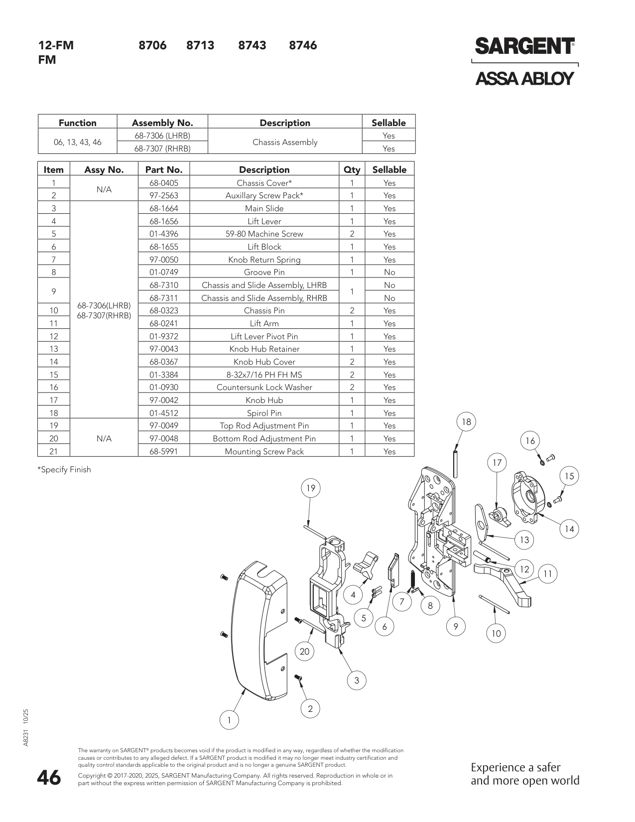 Sargent 68-7306 Chassis Assembly Parts List