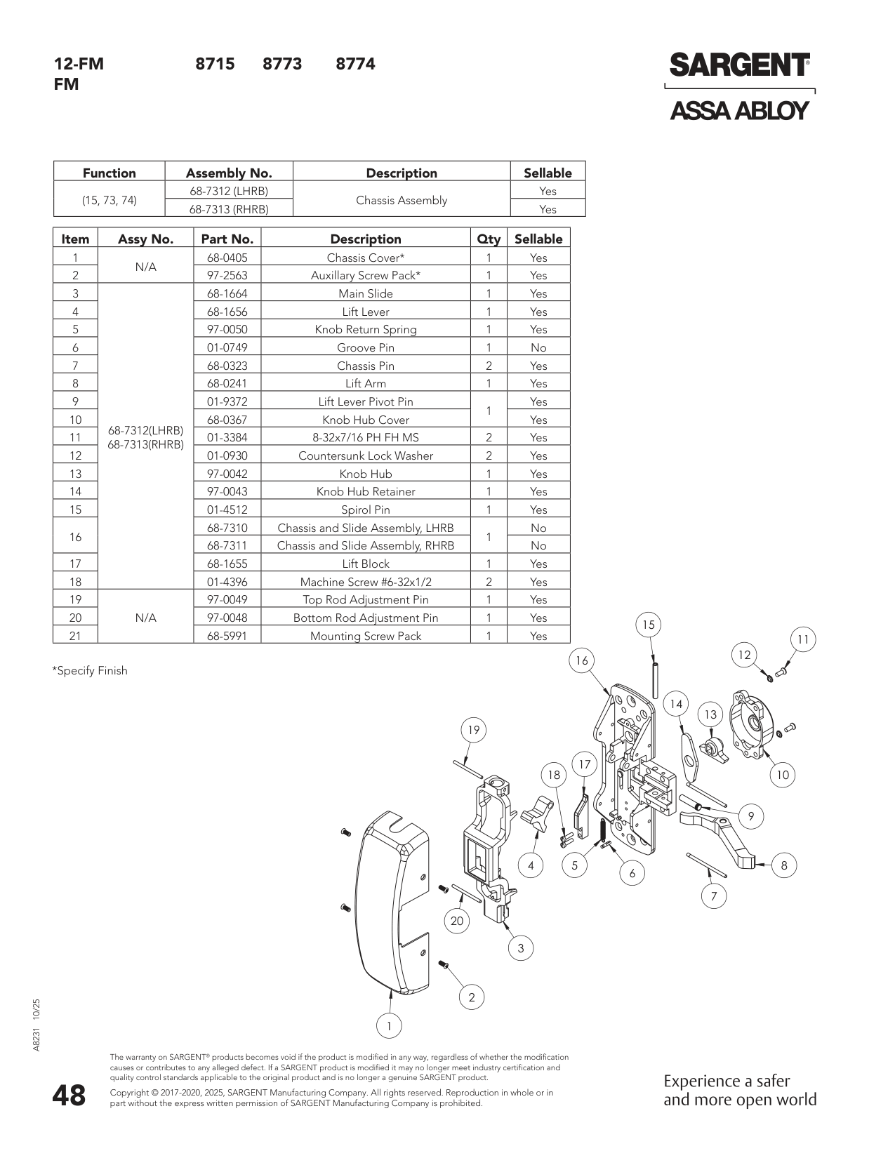 Sargent 68-7312 Chassis Assembly Parts List