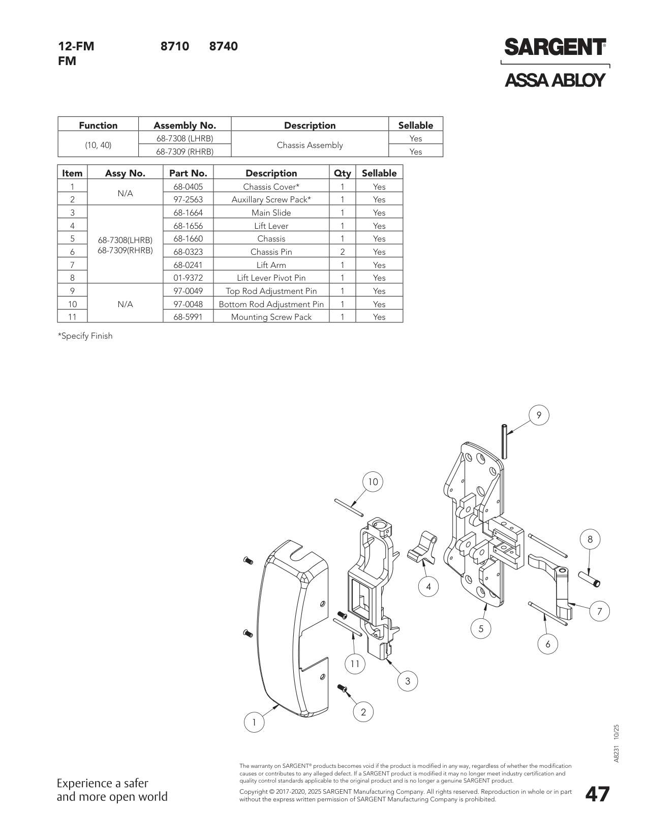 Sargent 68-7308 Chassis Assembly Parts List