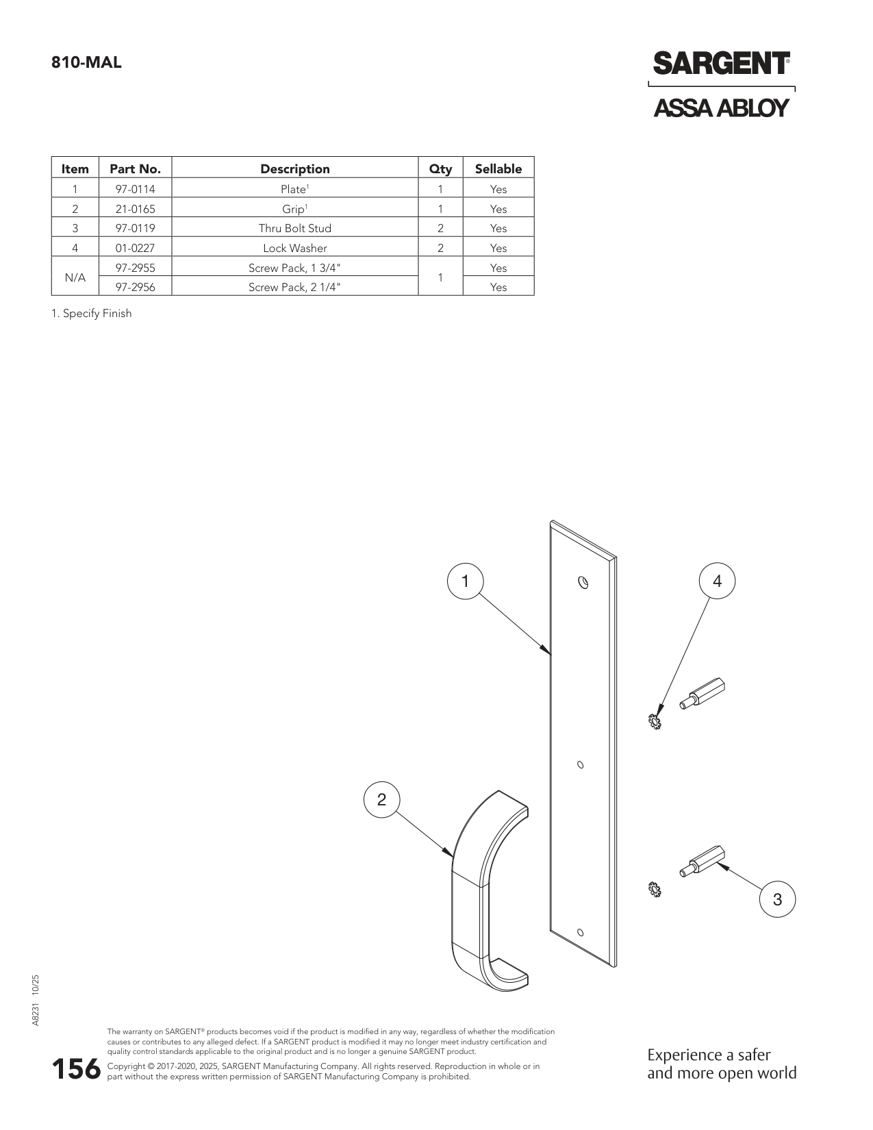 Sargent 97-0114 Part Parts List