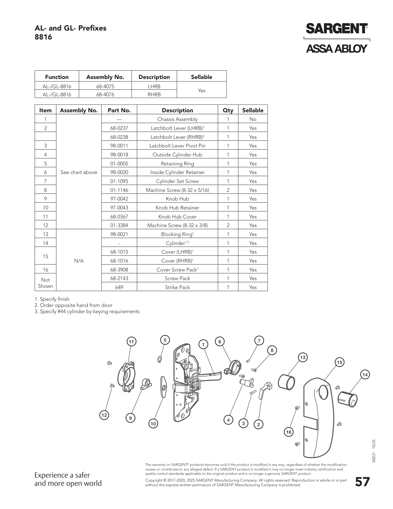 Sargent 68-1016 Cover Parts List