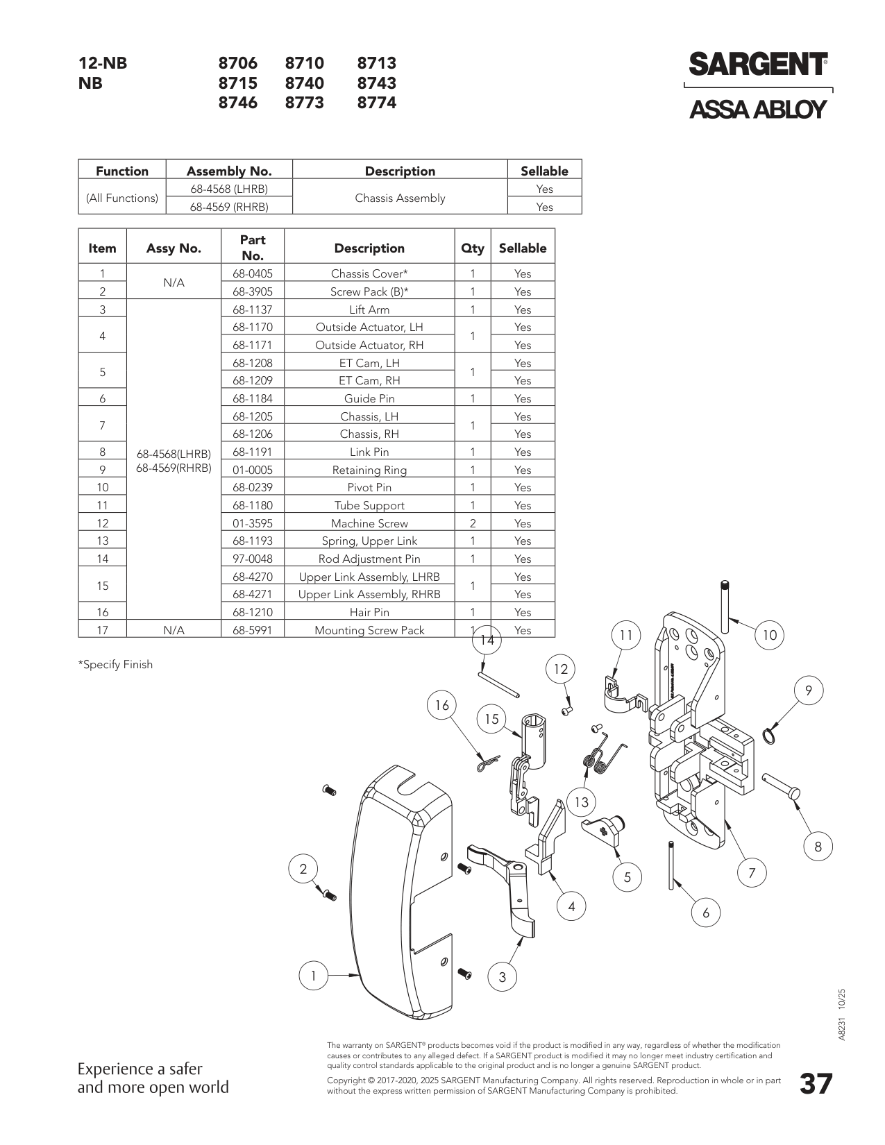 Sargent 68-1193 Spring Parts List