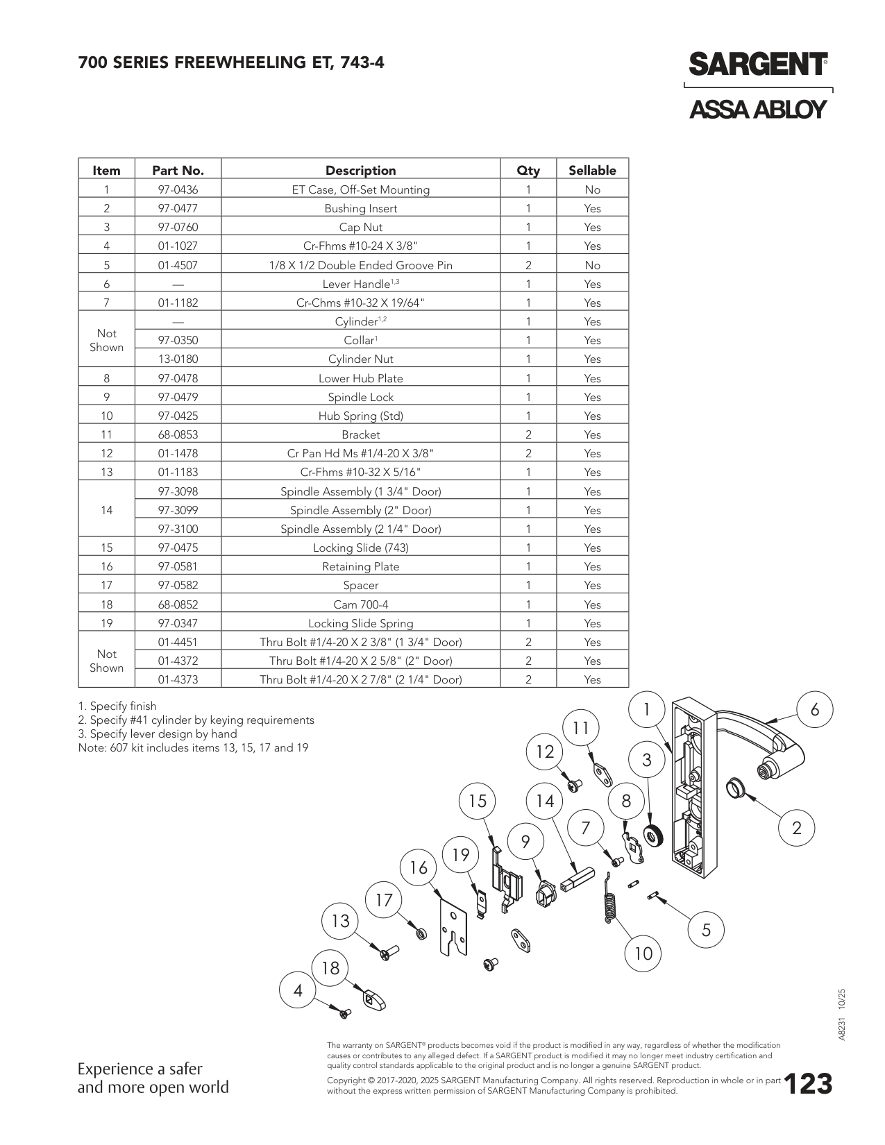 Sargent 97-3098 Pin Parts List