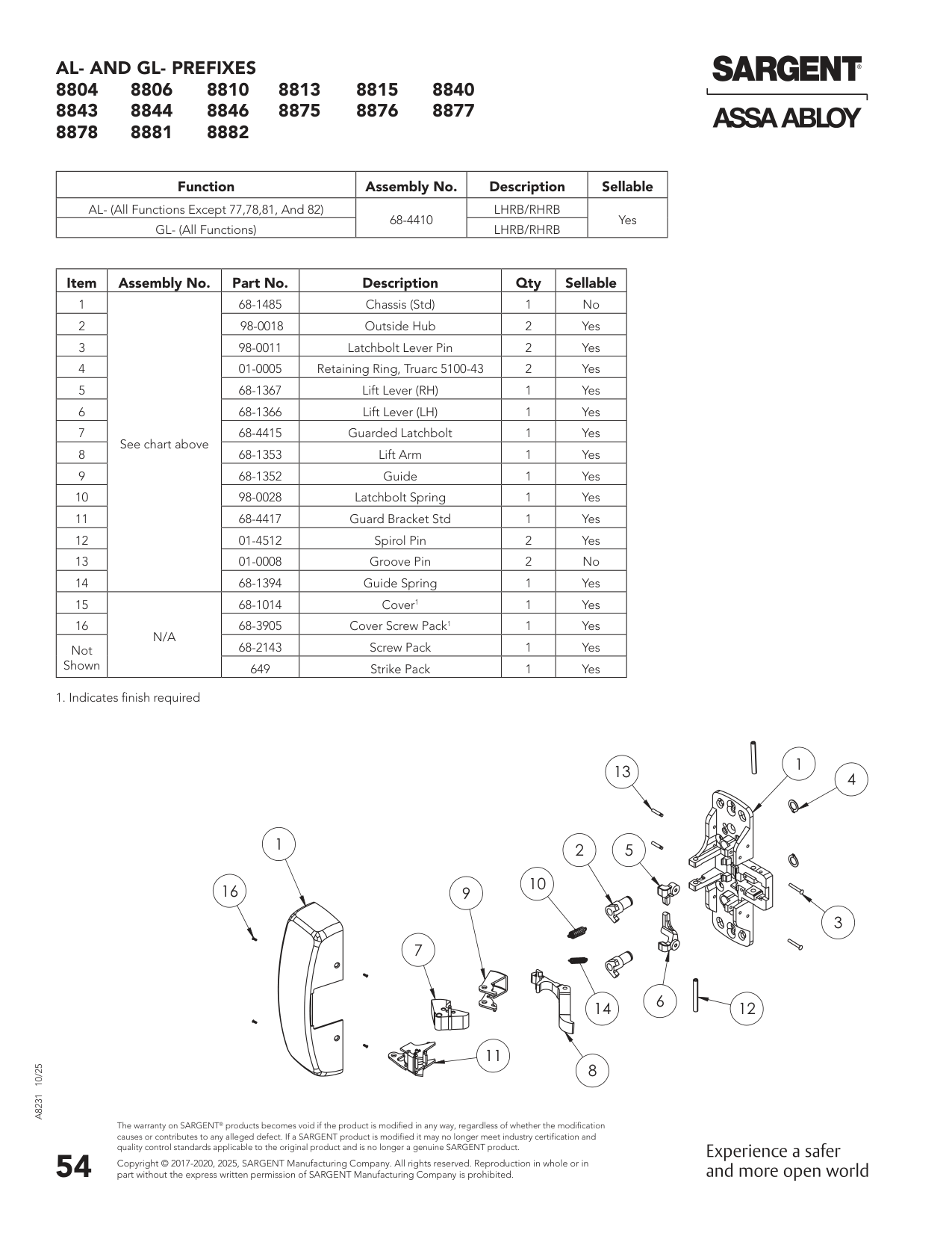 Sargent 68-1014 Cover Parts List
