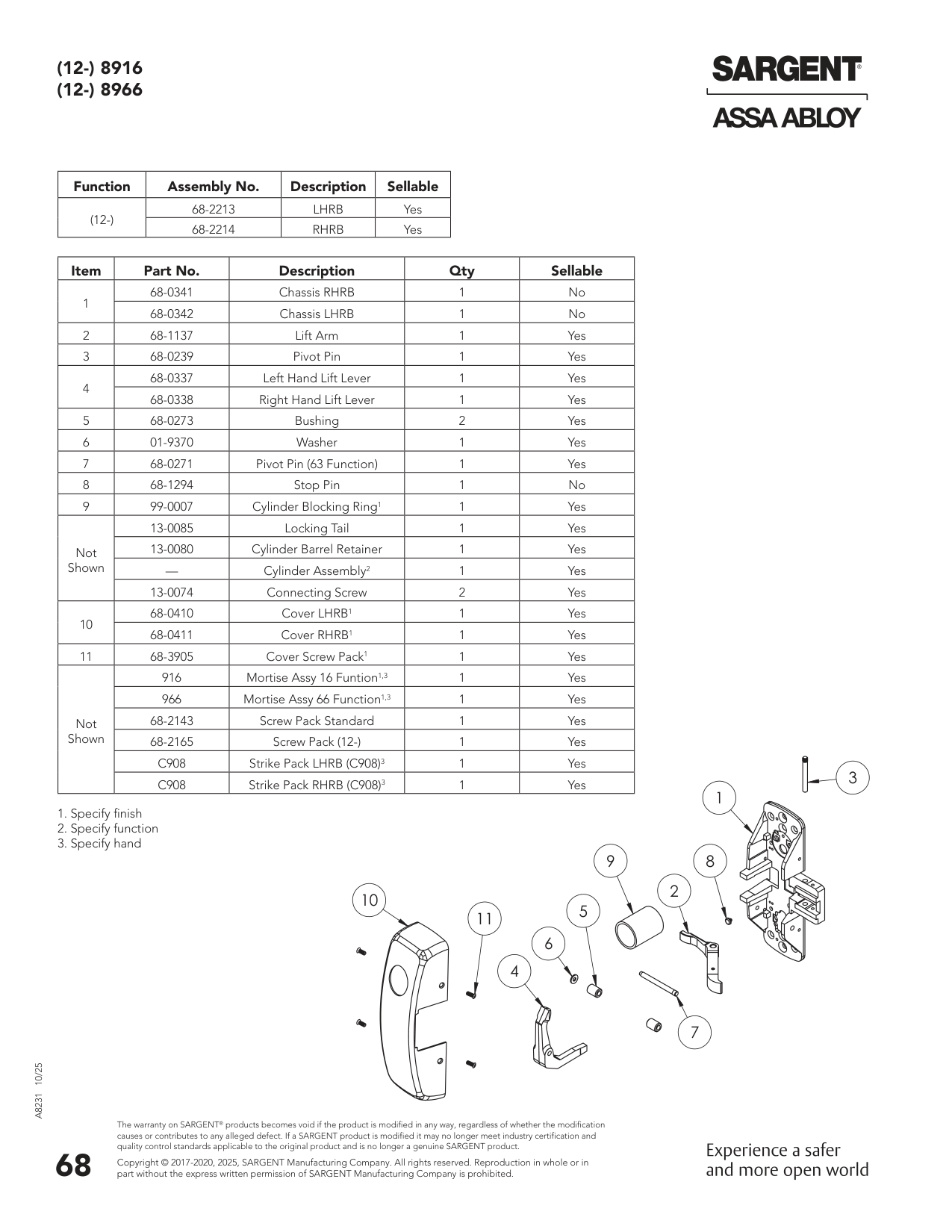 Sargent 68-0410 Cover Parts List