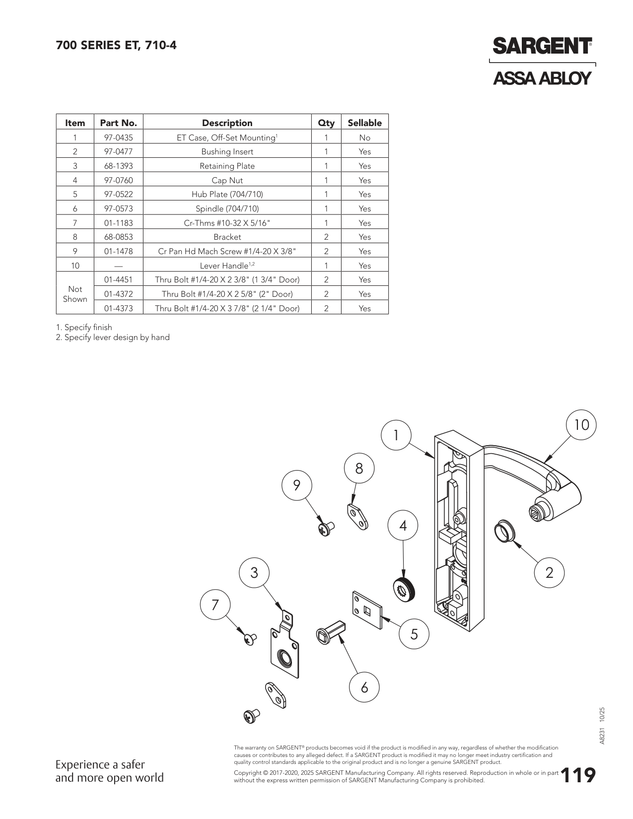 Sargent 68-0853 Part Parts List