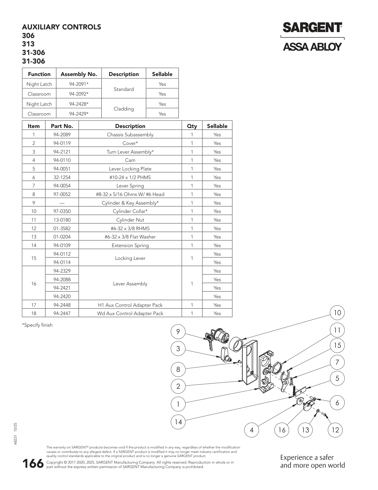 Sargent 94-2329 Lever Parts List