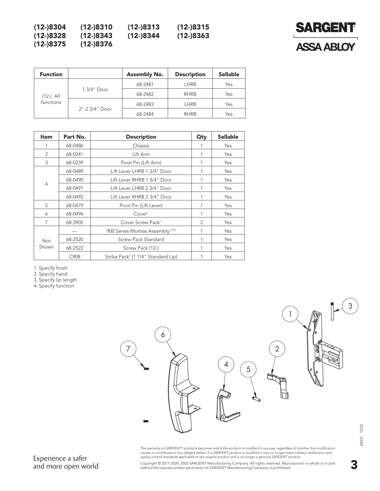 Sargent 68-0492 Lever Parts List