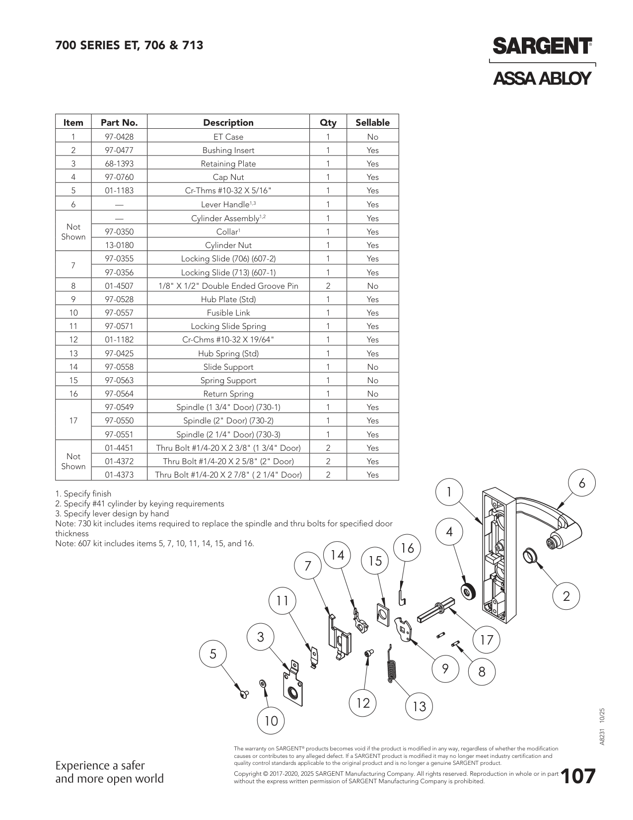 Sargent 97-0551 Pin Parts List