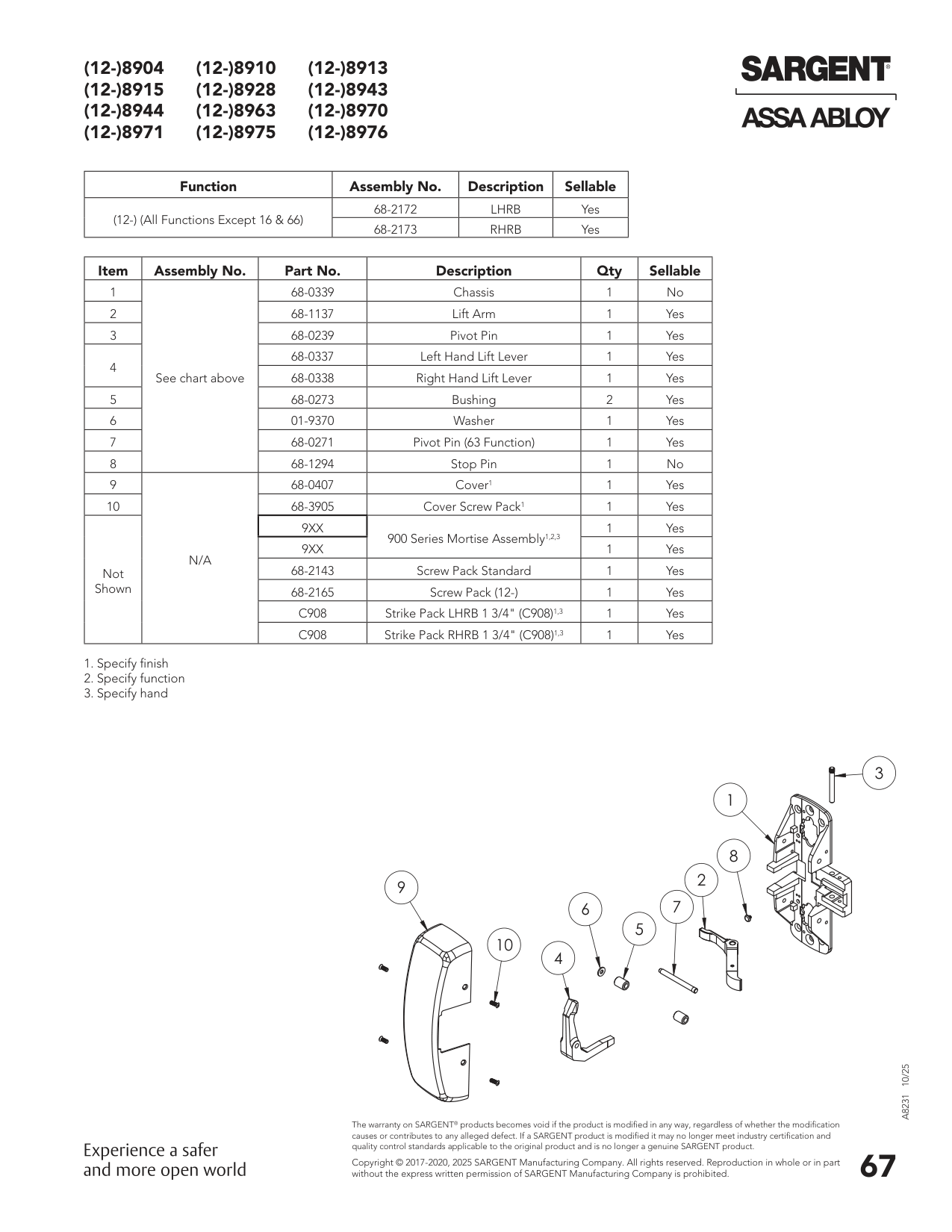 Sargent 68-0337 Lever Parts List